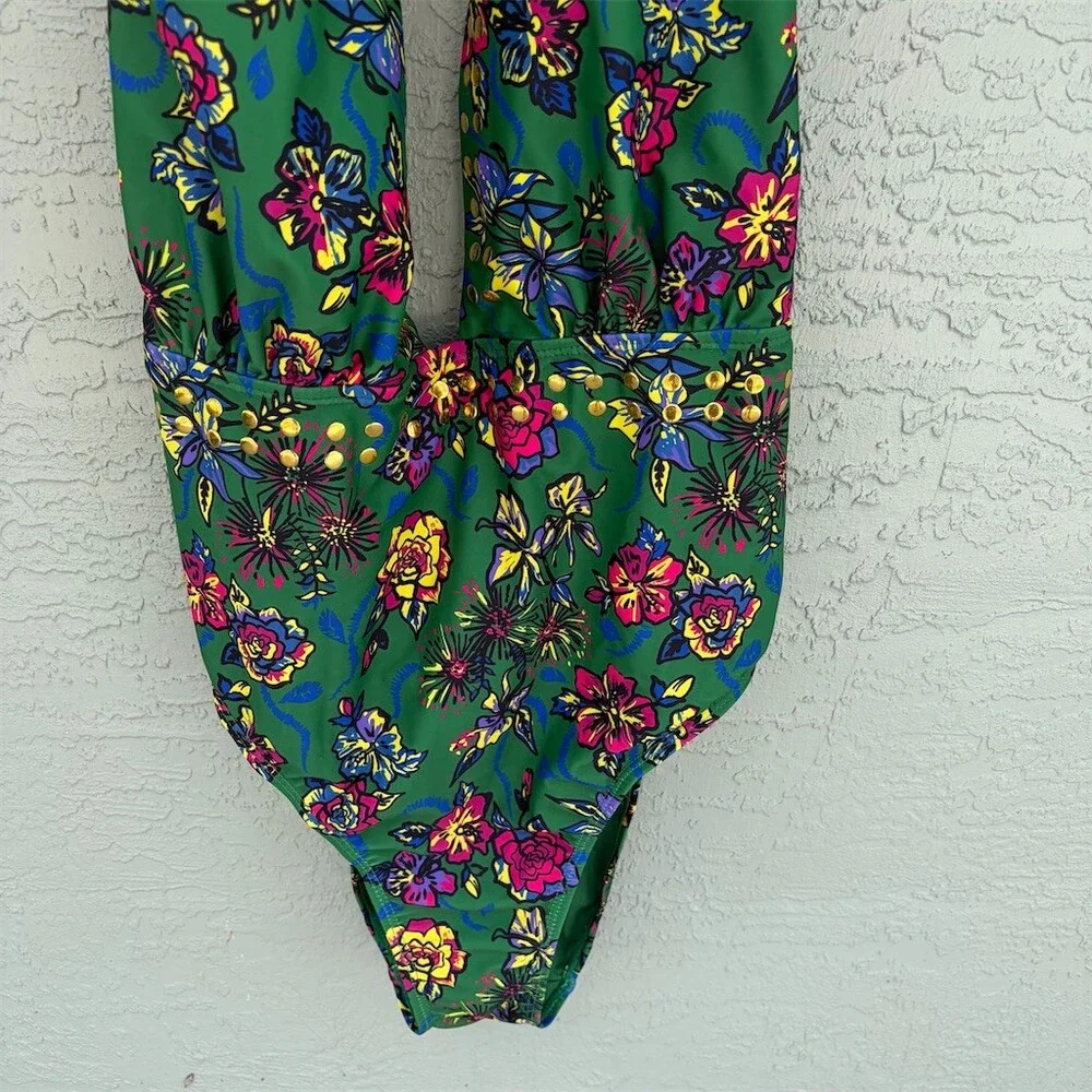 YMI One Piece Swimsuit Womens 2XL Plus Green Floral Halter Plunge Studded